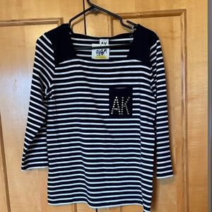 Anne Klein Navy and White Striped Long Sleeve Top